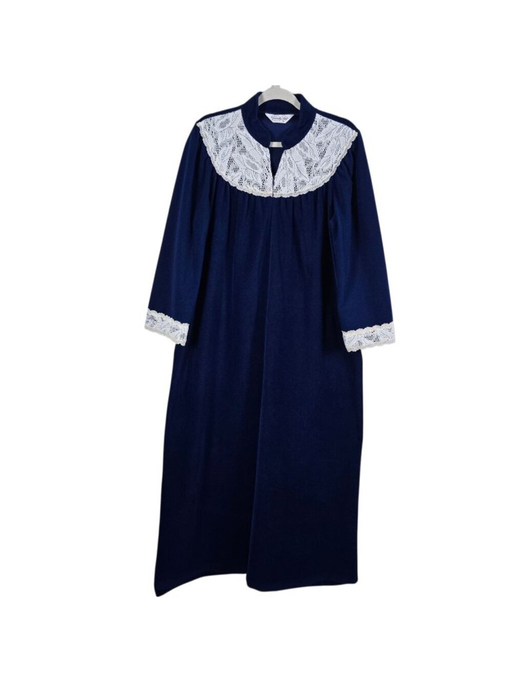 VTG Vanity Fair Womens Blue Velour Lace Trim Nightgown Lounge House Dress Medium